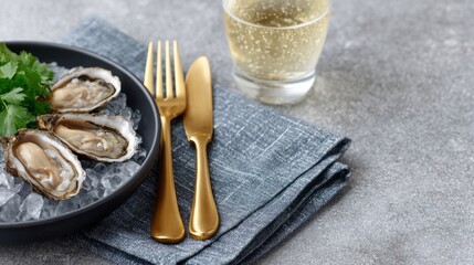 Fresh oysters on ice with golden cutlery and glass of champagne, luxury seafood appetizer on gray stone background