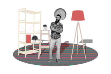 Creative collage young man folded hands interior indoors furniture shelves lamp clock time management arrangement drawing background