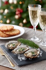 Festive table with oysters on ice, fir branch and champagne glasses, elegant Christmas celebration dinner
