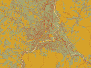 Stylized minimalist map of Banja Luka, Bosnia and Herzegovina in earthy sage background with rust roadways and ochre details.