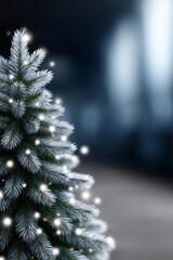 Close-up of frosty Christmas tree branches with glowing lights on dark blurred background, minimal winter concept