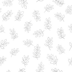 A delicate repeating pattern of finely sketched leaves on a white background.