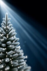 Frosted Christmas tree glowing under spotlight with blue background, elegant minimal winter holiday scene