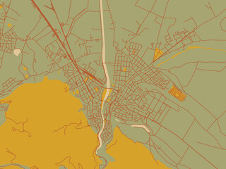 Graphic flat color map of BUL, Asenovgrad in olive backdrop with warm rust street network and ochre blocks.