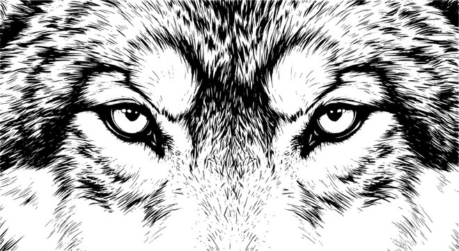 Wolf eyes drawing. This image focuses on wolf eyes, a captivating and intense depiction of the wild canine's gaze, showcasing depth and emotion. Vector sketch line art draw
