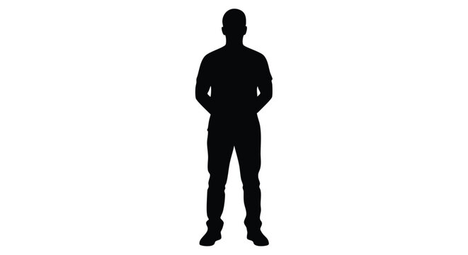 A full-body silhouette of a person standing against a white background, arms relaxed at their sides.
