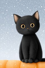 Adorable black kitten with big eyes sitting on pumpkin in falling snow, winter pet illustration