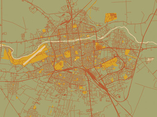 Decorative flat city map of BUL, Plovdiv using earthy sage background with rust roadways and ochre details.