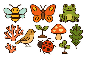 Cute cartoon wildlife and botanical elements collection featuring frog, bee, and mushroom