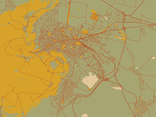 Decorative flat city map of BUL, Shumen using olive backdrop with warm rust street network and ochre blocks.