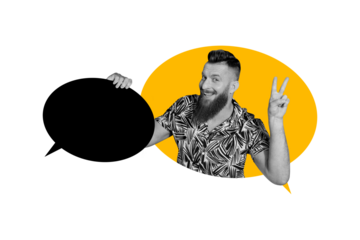 Collage 3d pinup pop retro sketch image of funny guy showing v-sign holding mind cloud empty space isolated painting background