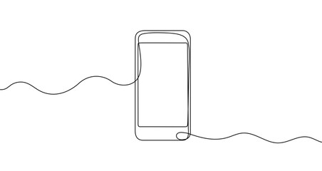 Mobile phone in one line art style. Drawing of a smartphone with an editable black stroke on a white background. Vector illustration. © chekman