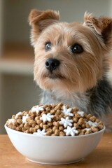 Cute small dog looking at bowl of kibble with snowflake treats, winter pet concept