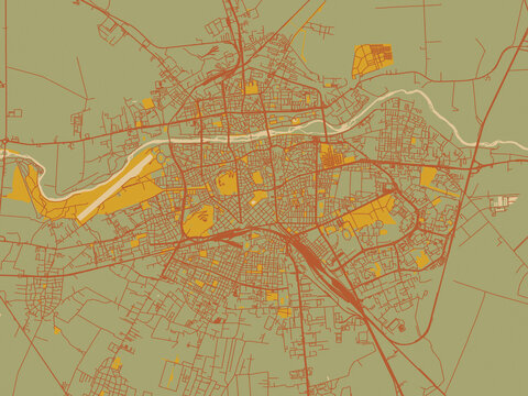 Decorative flat city map of BUL, Plovdiv using earthy sage background with rust roadways and ochre details.