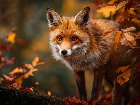 A clever red fox with a bushy tail sits attentively in a sun d d autumn woodland surrounded by colorful fallen leaves