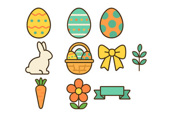 Fototapeta premium Colorful spring holiday symbols including decorated eggs rabbit basket carrot and flower