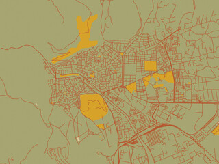 Decorative flat city map of BUL, Sliven using sage/olive tone field with rust networks and ochre shapes, cream water.