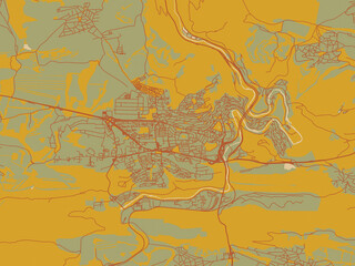 Fototapeta premium Contemporary flat map of BUL Veliko, Turnovo design with sage/olive tone field with rust networks and ochre shapes, cream water.