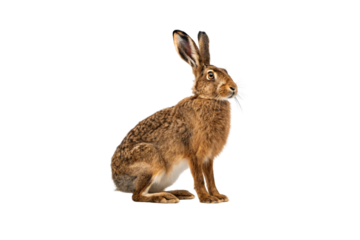 European hare in profile view, sitting position, natural brown coat, prominent ears, isolated on a transparent background