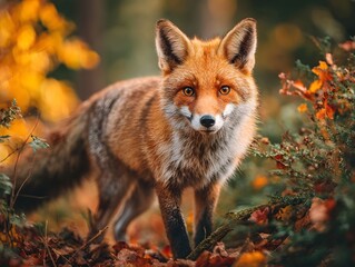 A clever fox with a bushy tail observes its surroundings in a vibrant autumn forest filled with colorful falling leaves