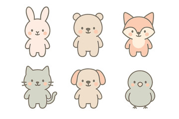 Obraz premium Set of six adorable pastel cartoon animals: rabbit, bear, fox, cat, dog, and chick