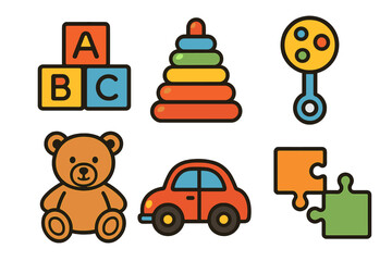 Fototapeta premium Brightly colored collection of essential baby and toddler playthings including blocks, rattle, and stuffed animal