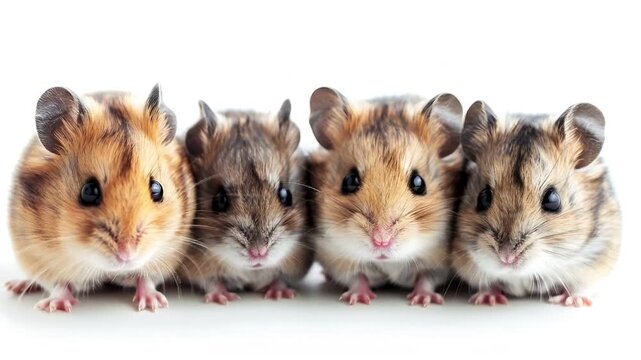 A closeup of a group of hamsters on a white background. The hamsters are positioned in a row, with the smallest hamster at the front and the largest at the back.