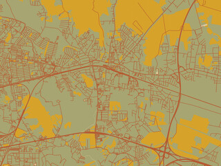 Contemporary flat map of CRO, Sesvete design with sage green ground with rust-red roads and ochre accents.