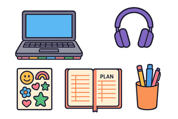 Collection of essential digital and analog tools for remote work and education setup