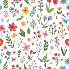 A delightful collection of small wild flowers and green leaves scattered across a white background.