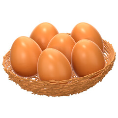 Several brown eggs in a wicker basket 3D Icon Illustration. Low Poly Style