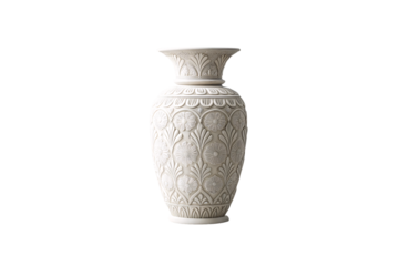 Elegant white ceramic vase with embossed floral patterns and ornate decorative relief work, isolated on a transparent background