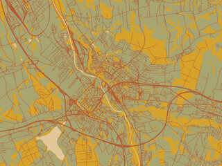 Vector-style flat map of Frydek-Mistek, Czechia with sage green ground with rust-red roads and ochre accents.