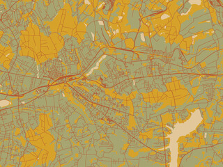 Abstract flat-design map of Havirov, Czechia, featuring olive backdrop with warm rust street network and ochre blocks.