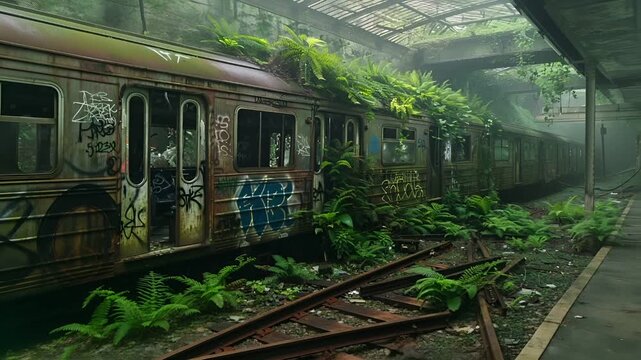 Abandoned train carriage with graffiti and ferns in an abandoned train station.