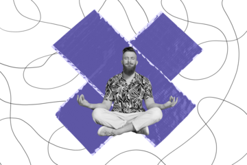 Composite trend artwork 3D sketch image photo collage of cross paper piece line yoga training meditate young guy sit om gesture keep calm