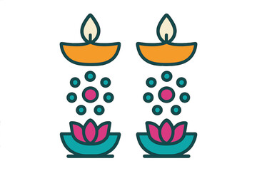 Colorful traditional Indian Diya lamps with burning flames and decorative lotus flower elements for religious holiday celebration