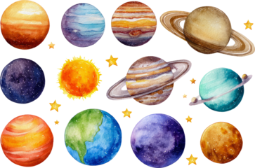 Whimsical watercolor planet solar system illustration set with stars