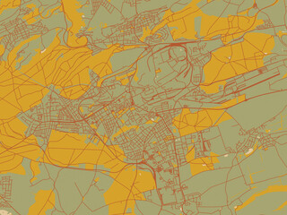Decorative flat city map of Kladno, Czechia using earthy sage background with rust roadways and ochre details.