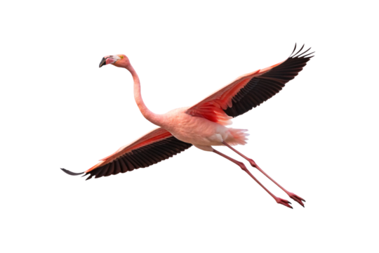 Pink flamingo in flight with wings fully extended, black flight feathers, long neck and legs stretched, isolated on a transparent background