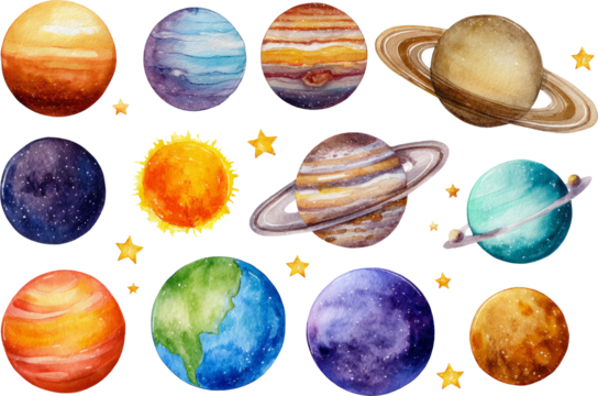 Whimsical watercolor planet solar system illustration set with stars