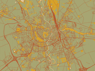 Stylized minimalist map of Olomouc, Czechia in sage green ground with rust-red roads and ochre accents.