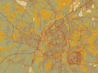 Decorative flat city map of Ostrava, Czechia using olive backdrop with warm rust street network and ochre blocks.