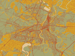 Modern flat map poster of Pilsen, Czechia in sage/olive tone field with rust networks and ochre shapes, cream water.