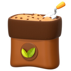 Bag of fertilizer with a small shovel 3D Icon Illustration. Low Poly Style