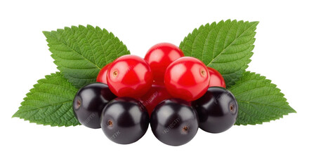 Isolated red and black currants with green leaves, ripe fresh berries for healthy eating