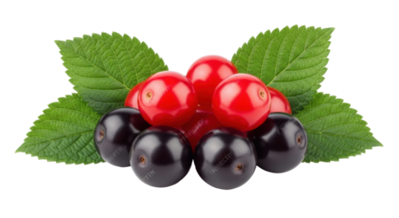 Isolated red and black currants with green leaves, ripe fresh berries for healthy eating
