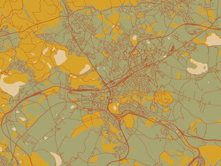 Minimalist flat city map of Teplice, Czechia with olive backdrop with warm rust street network and ochre blocks.