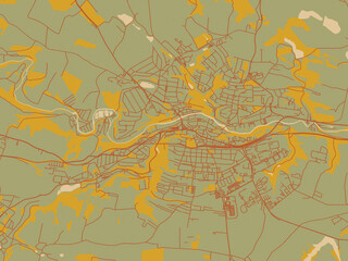 Stylized minimalist map of Trebic, Czechia in sage/olive tone field with rust networks and ochre shapes, cream water.