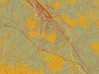 Abstract flat-design map of Trinec, Czechia, featuring earthy sage background with rust roadways and ochre details.